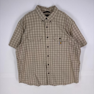 古着 カーハート Carhartt 半袖シャツ ボタンダウン ワンポイントロゴ ショートスリーブ 2XL ベージュ系 チェック メンズ
