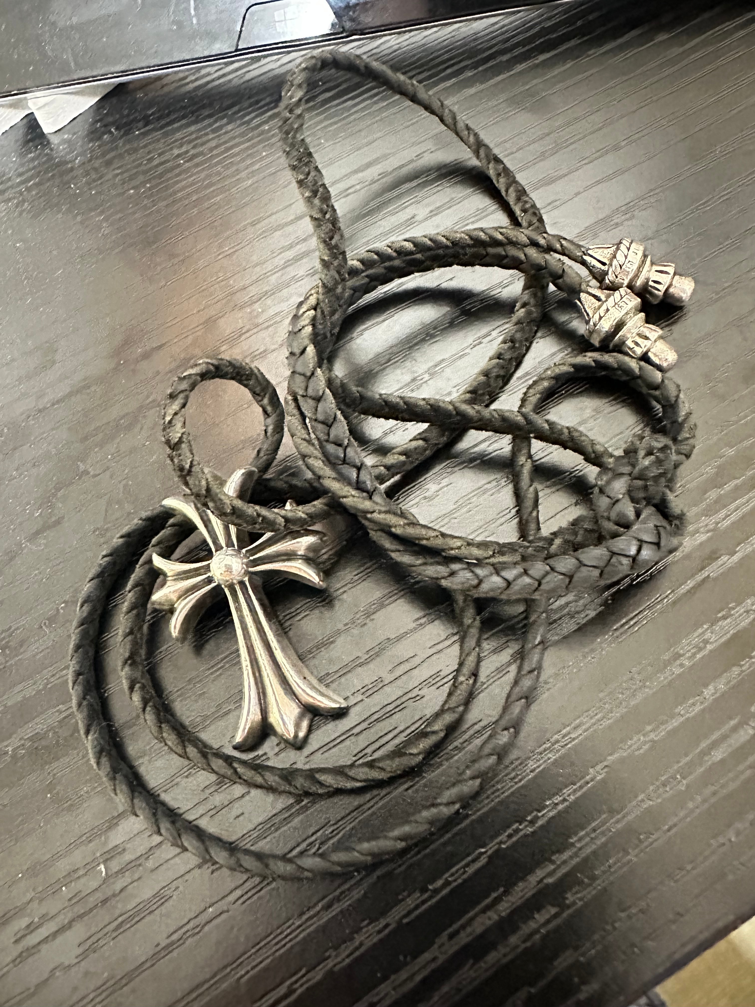 Chrome Hearts Small CH Cross Leather Braid Necklace "Silver"