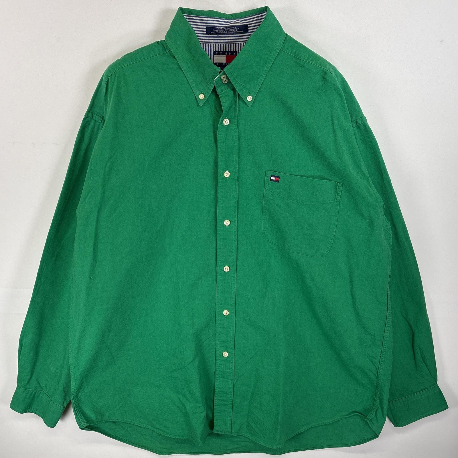 古着 90's/90年代 トミーヒルフィガー TOMMY HILFIGER 長袖シャツ ボタンダウンシャツ ワンポイント ロゴ 刺繍 カラーシャツ XL  グリーン 無地 メンズ