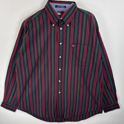 古着 90's/90年代 トミーヒルフィガー TOMMY HILFIGER 長袖シャツ ボタンダウンシャツ ワンポイント ロゴ 刺繍 ストライプ L ワインレッド系 マルチカラー メンズ