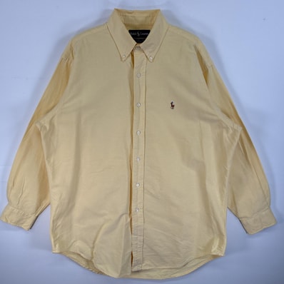 古着 90's/90年代 ラルフローレン RALPH LAUREN 長袖シャツ オックスフォードシャツ カラーシャツ ロゴ 刺繍 16-32 L イエロー 無地 メンズ