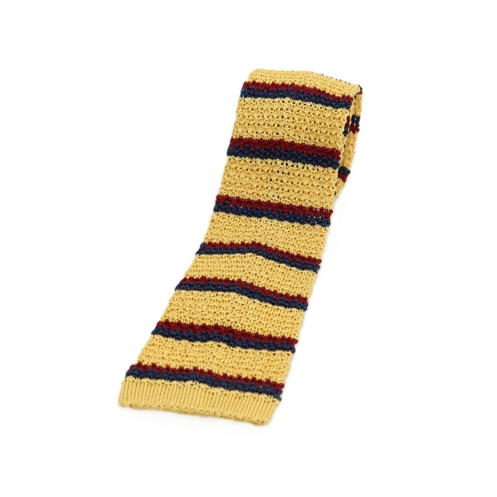 【中古】ラルフローレン RALPH LAUREN シルク ボーダー柄 ニットタイ ネクタイ イエローxネイビー【メンズ】