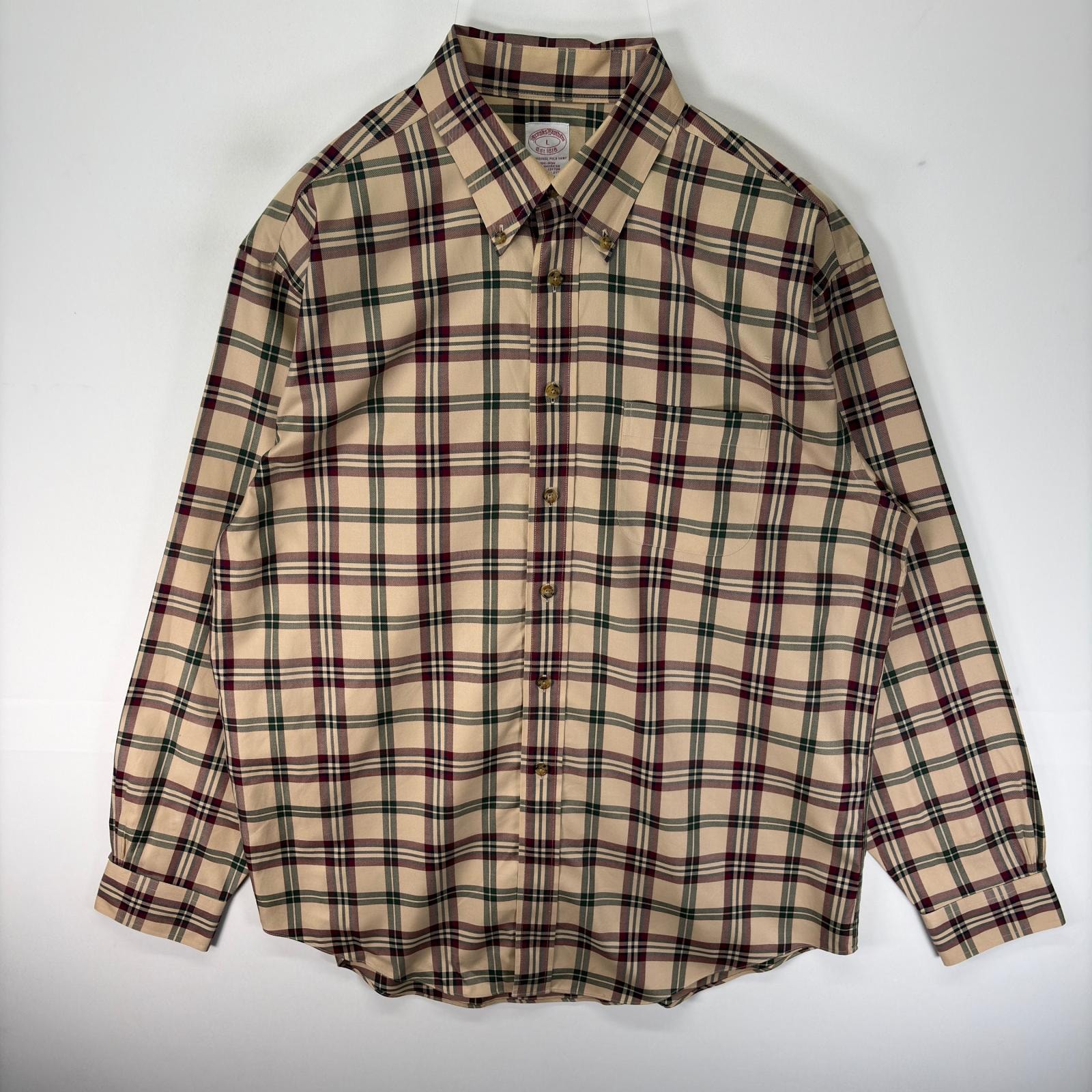 古着 ブルックスブラザーズ Brooks Brothers 長袖シャツ ボタンダウン 胸ポケット L  ベージュ系 チェック メンズ