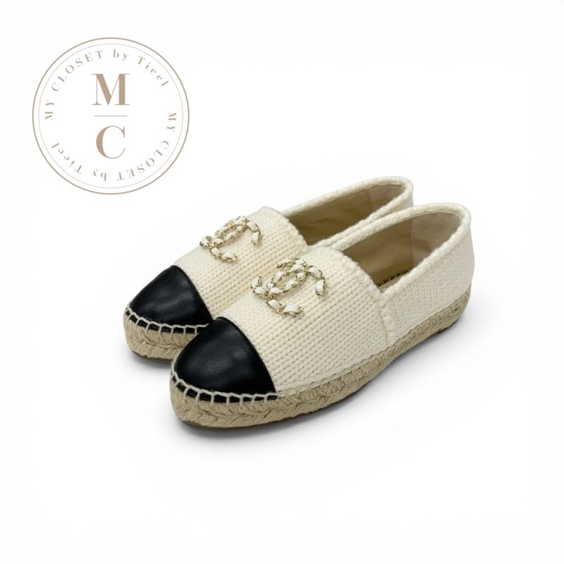 シャネル CHANEL フラットシューズ 靴 シューズ ファブリック レザー アイボリー ブラック ココマーク エスパドリーユ チェーン