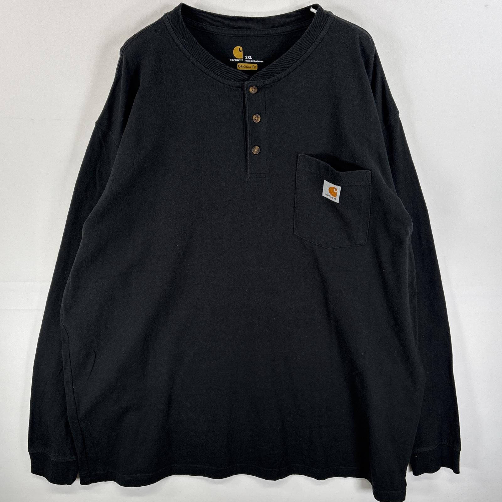 古着 カーハート Carhartt 長袖Tシャツ ヘンリーネック ワンポインロゴ 大きいサイズ 2XL  ブラック 無地 メンズ