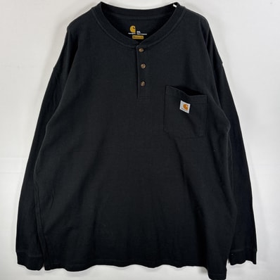 古着 カーハート Carhartt 長袖Tシャツ ヘンリーネック ワンポインロゴ 大きいサイズ 2XL ブラック 無地 メンズ