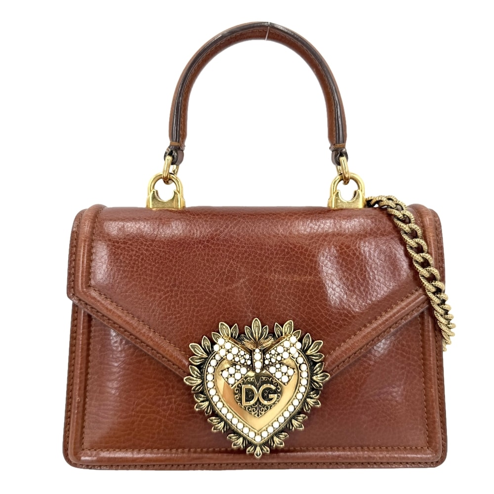 DOLCE&GABBANA ドルチェアンドガッバーナ 2WAY ディヴォーション スモール チェーン 肩掛け 斜め掛け DEVOTION ハート ドルガバ かばん 鞄 レザー ブラウン 茶 ゴールド金具 レディース【中古品】