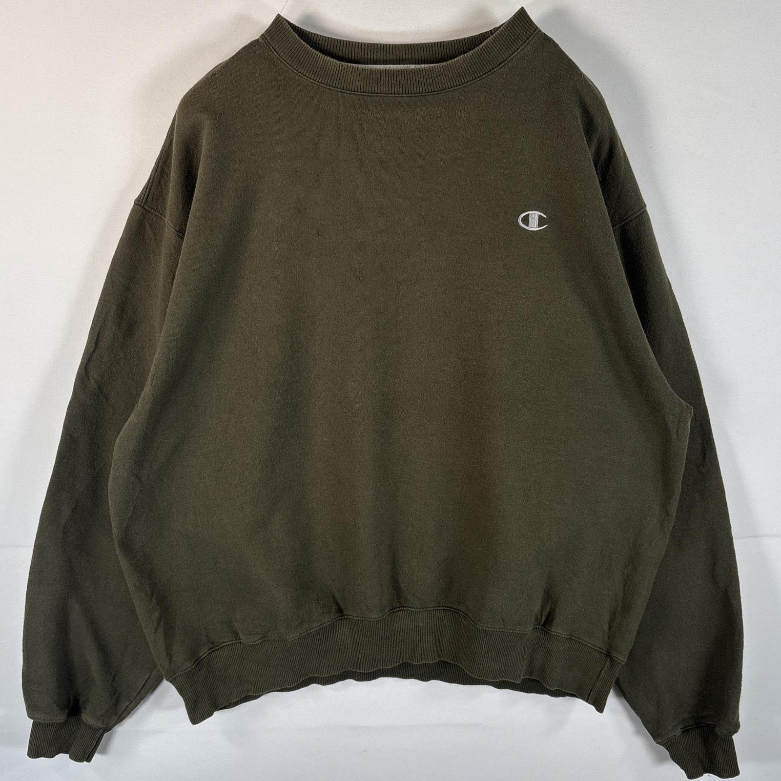 古着 チャンピオン Champion スウェット トレーナー ワンポイントロゴ刺繍 大きいサイズ クルーネック XL  カーキ系 メンズ