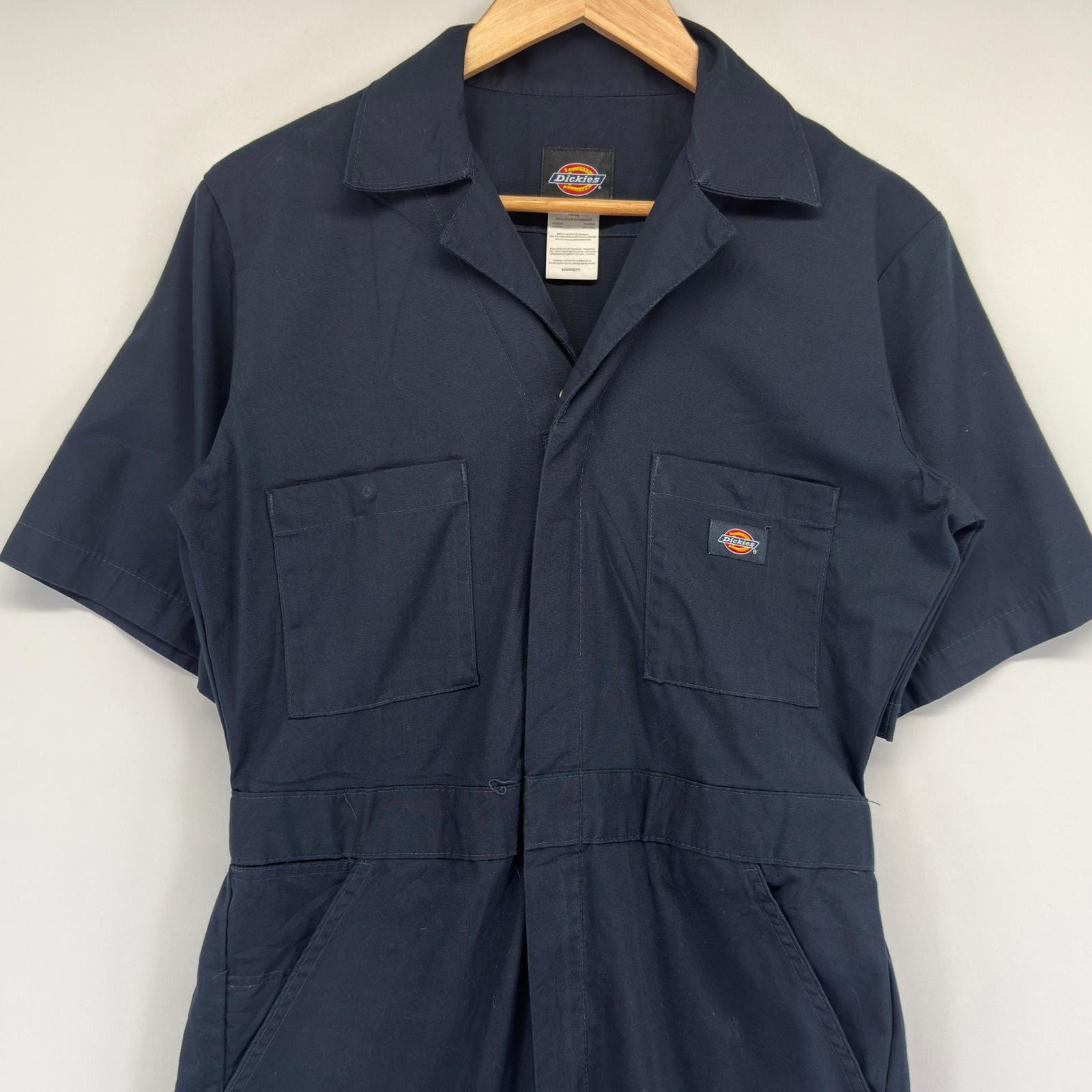古着 ディッキーズ Dickies 半袖つなぎ オールインワン 作業着 ワンポイントロゴ ワーク S  ネイビー メンズ