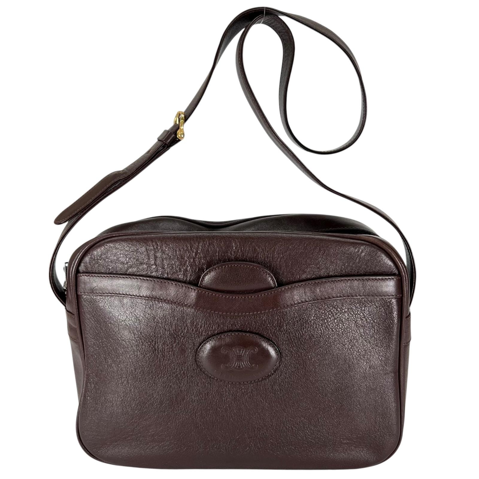 美品 CELINE セリーヌ マカダム ショルダーバッグ レザー ダークブラウン レディース【中古】