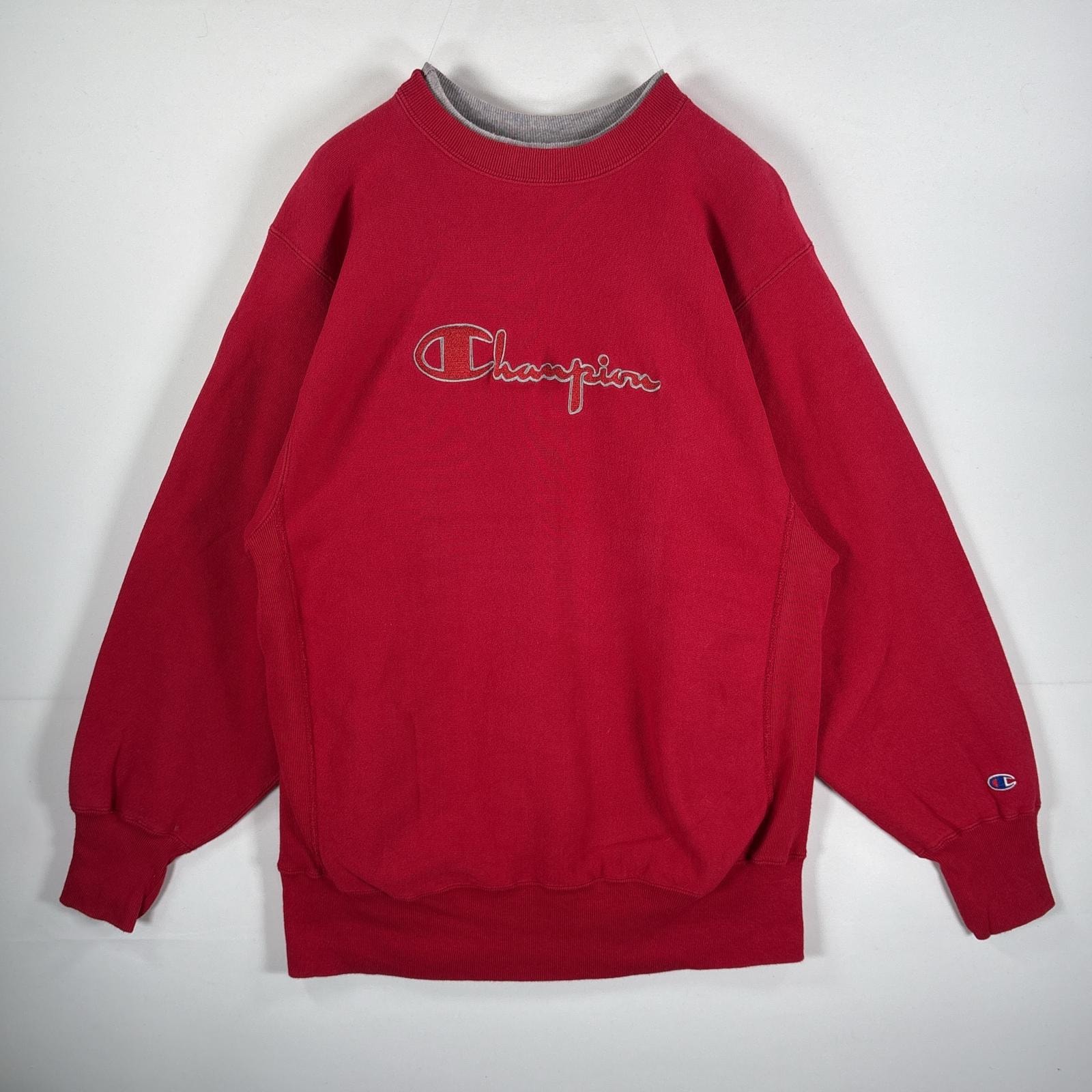 古着 90's/90年代 チャンピオン Champion USA製 スウェット リバースウィーブ 刺繍プリント 首二重リブ XL レッド メンズ