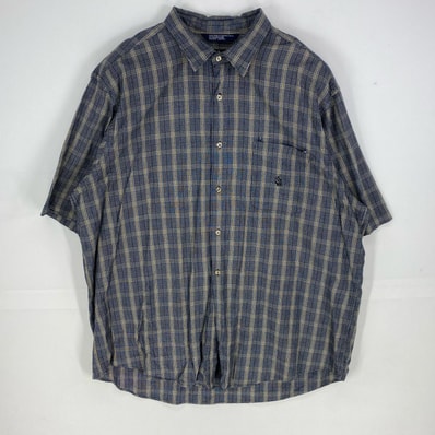 古着 90's/90年代 ノーティカ NAUTICA 半袖シャツ 刺繍ロゴ ワンポイント ショートスリーブ 2XL ネイビー系 チェック メンズ