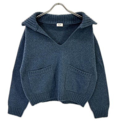 セリーヌ 2A52B384D ブルー カシミヤ100 エディ期 OPEN-COLLAR SWEATER オープンカラープルオーバーニット XS