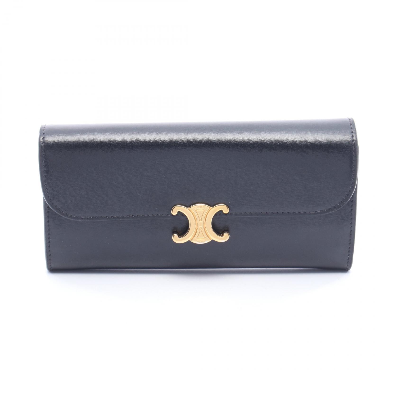 セリーヌ CELINE ラージウォレット トリオンフ 二つ折り長財布 財布 レザー レディース ブラック系 10E313DPV.38NO 【中古】