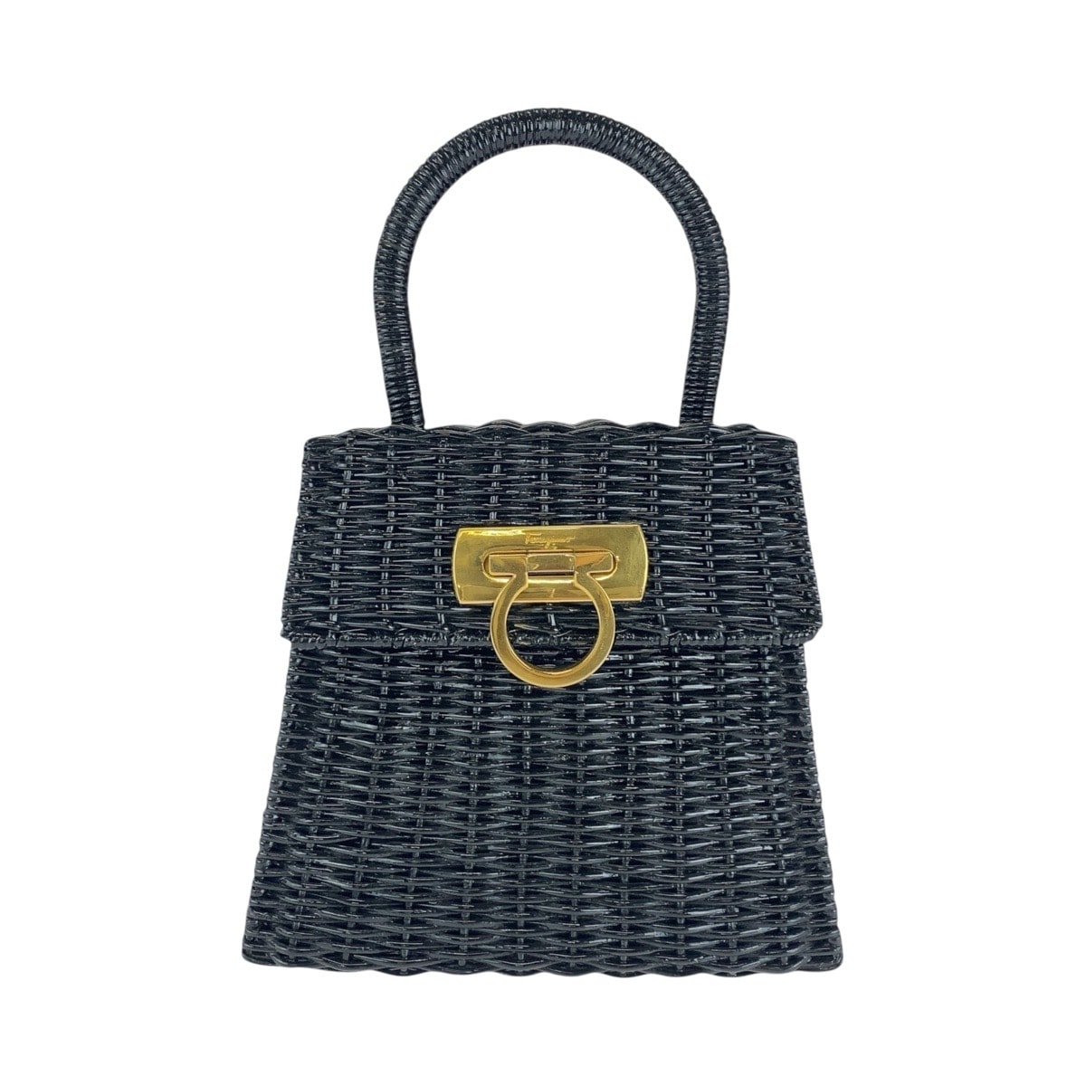 美品 Salvatore Ferragamo サルヴァトーレフェラガモ ガンチーニ ブラック 黒 ゴールド金具 ラタン ハンドバッグ 601856 【中古】