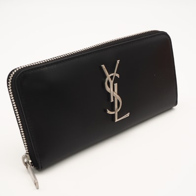 極美品 SAINT LAURENT サンローラン YSLロゴ カサンドラ ジップ アラウンド ウォレット 617415 長財布 ブラック シルバー カーフレザー メンズ