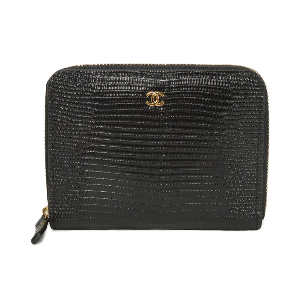 CHANEL シャネル クラシック コンパクト ジップ ウォレット ココマーク カーフ ランダム 美品 リザード エンボス ブラック 二つ折り財布 AP5389