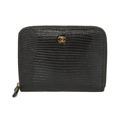CHANEL シャネル クラシック コンパクト ジップ ウォレット ココマーク カーフ ランダム 美品 リザード エンボス ブラック 二つ折り財布 AP5389