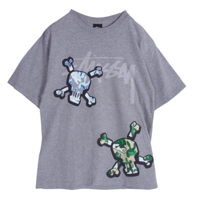 STUSSY ステューシー Tシャツ メキシコ製 SKULL TEE スカル ドクロ カモ フロント バック プリント Tシャツ 半袖カットソー グレー系 S【中古】