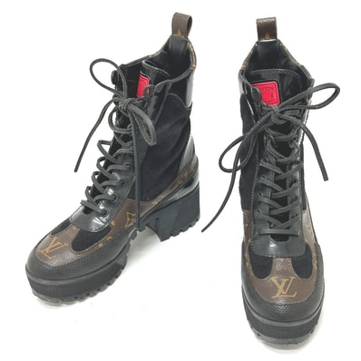 ルイヴィトン LOUIS VUITTON ワッペン ローリエート ライン 靴 ヒール アンクル ショートブーツ ブーツ スエード ブラック