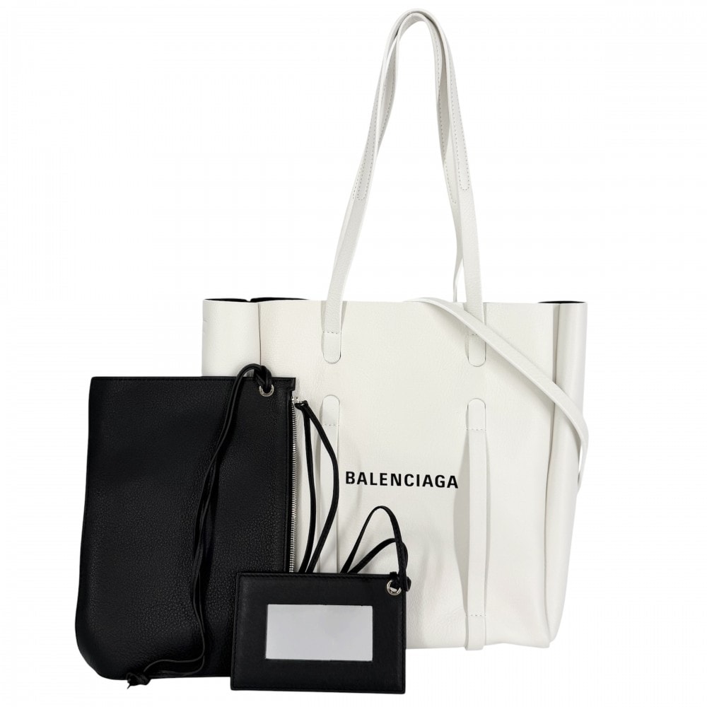 BALENCIAGA バレンシアガ 2WAY エブリデイトートXS ポーチ付き ハンドバッグ ショルダーバッグ 肩掛け 489813 レザー    ホワイト 白 シルバー金具 レディース【中古品】