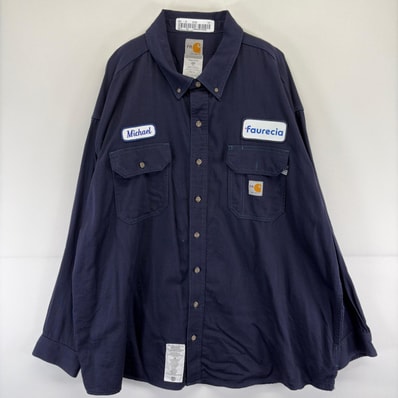 古着 カーハート Carhartt 長袖シャツ ワンポイント ワッペン ワーク ボタンダウン 大きいサイズ ロゴ 胸ポケット 3XL ネイビー メンズ