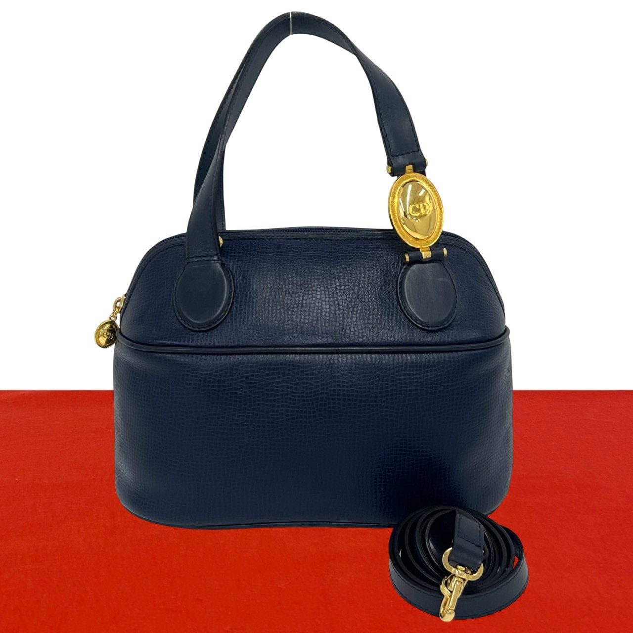 Christian Dior ディオール CD ロゴ 金具 レザー ショルダーバッグ ネイビー
 92-10