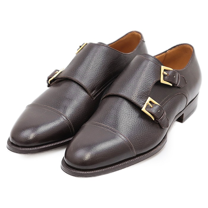 美品 エンツォ・ボナフェ レザーシューズ ダブルモンク ストラップ レザーソール ゴールド金具 革靴 袋付属 ドレスシューズ メンズ ダークブラウン 8 Enzo Bonafe