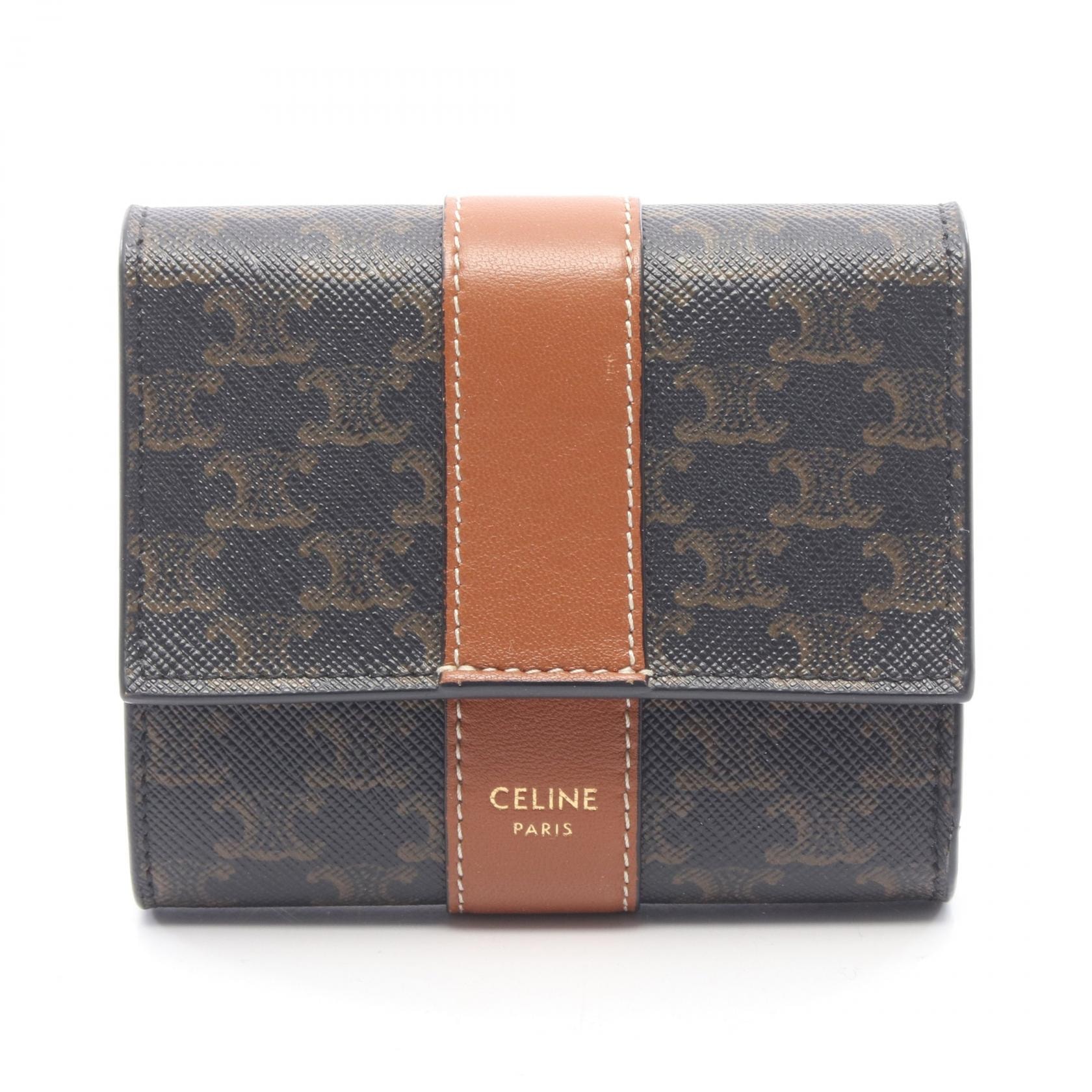 セリーヌ CELINE スモール トリフォールドウォレット トリオンフ 三つ折り財布 財布 レザー PVC レディース ブラック系 / ブラウン系 10D572BZ9.04LU 【中古】