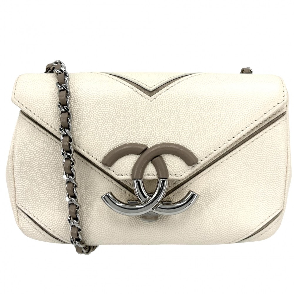 CHANEL シャネル ショルダーバッグ Vステッチ ポシェット ココマーク 肩掛け 斜め掛け  キャビアスキン   オフホワイト シルバー金具 レディース【中古品】