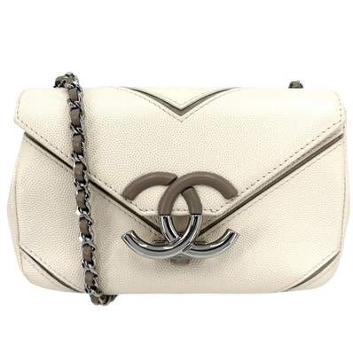 CHANEL シャネル ショルダーバッグ Vステッチ ポシェット ココマーク 肩掛け 斜め掛け キャビアスキン オフホワイト シルバー金具 レディース【中古品】