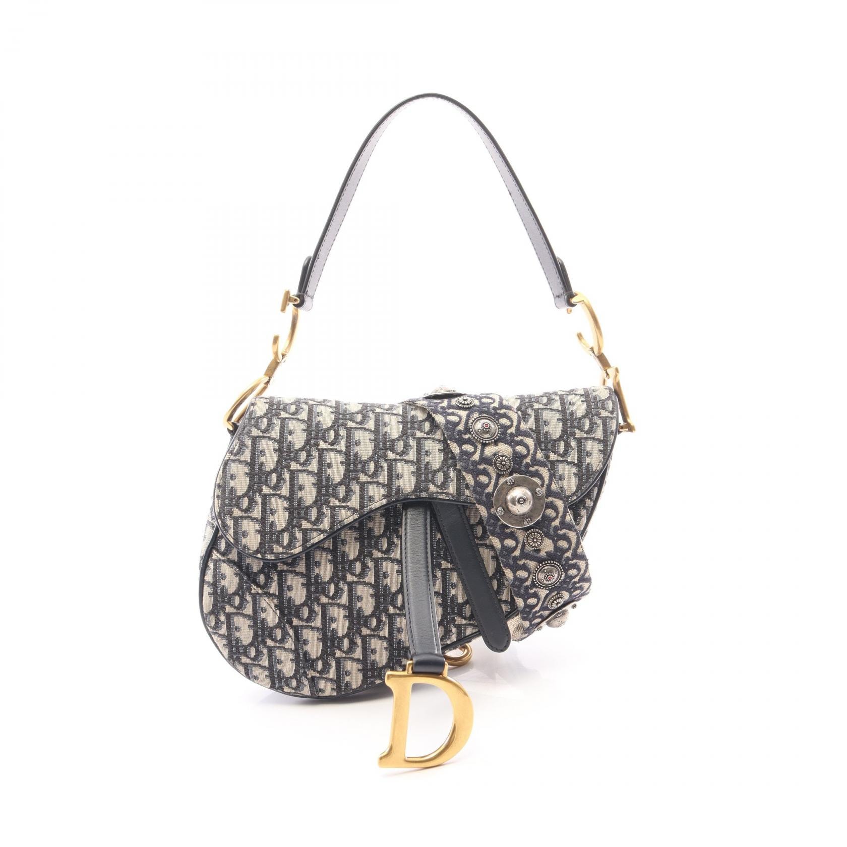 ディオール Dior サドルバッグ 2WAY ハンドバッグ バッグ キャンバス レザー レディース ネイビー系 【中古】