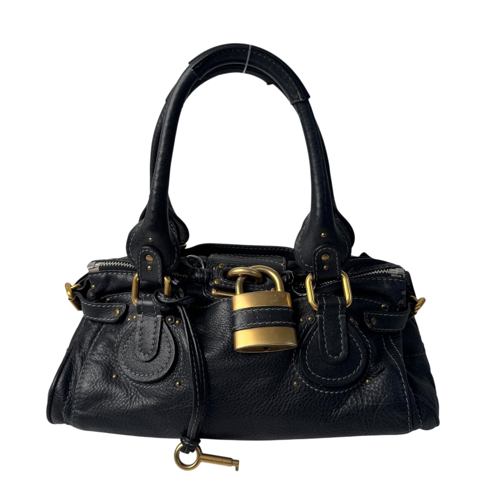 美品 クロエ Chloe パディントン ハンドバッグ 南京錠 カデナ ブラック レザー レディース