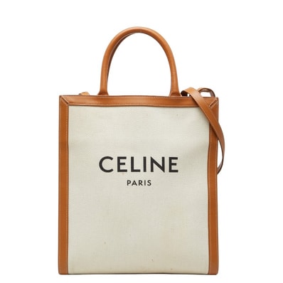 セリーヌ バーティカル カバ スモール ハンドバッグ ショルダーバッグ 2WAY アイボリー ブラウン キャンバス レザー CELINE 【中古】
