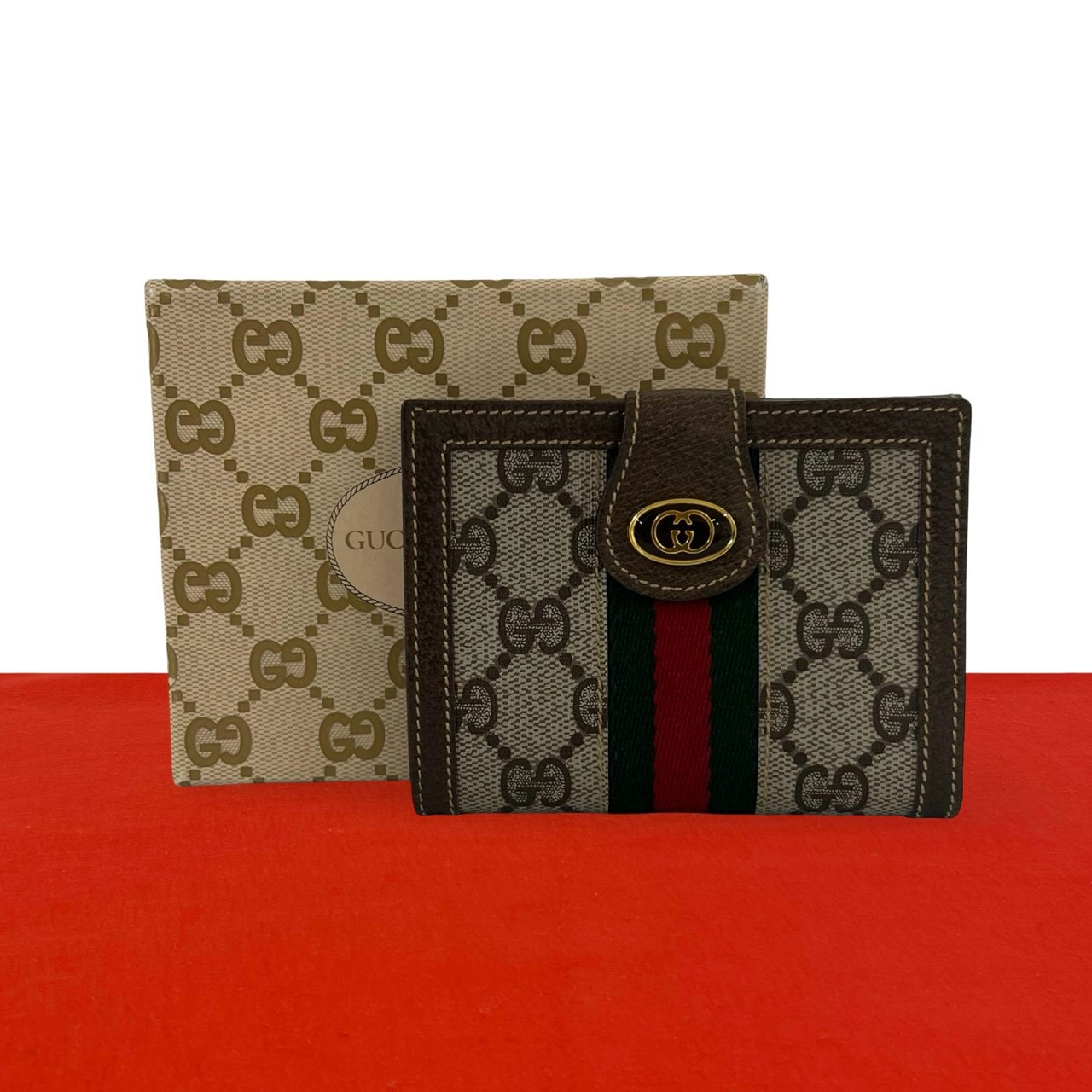 GUCCI グッチ シェリーライン GG ロゴ 柄 レザー PVC 二つ折り財布 ブラウン
 05171