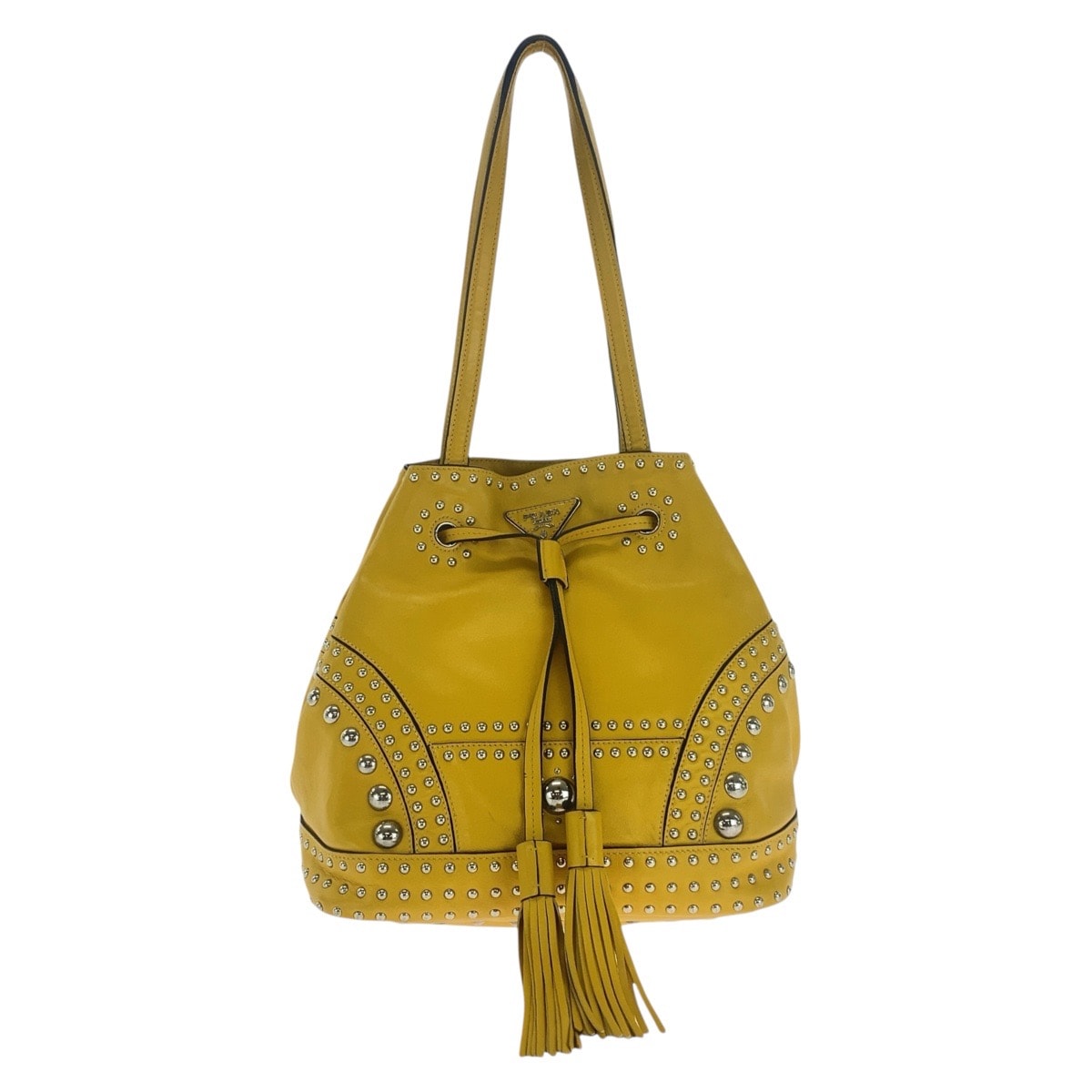 PRADA プラダ 三角ロゴプレート イエロー シルバー金具 レザー ショルダーバッグ 巾着 タッセル スタッズ 501938 【中古】