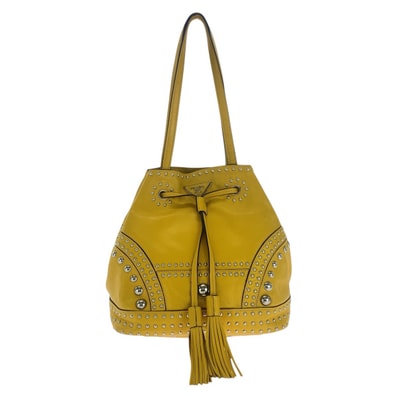 PRADA プラダ 三角ロゴプレート イエロー シルバー金具 レザー ショルダーバッグ 巾着 タッセル スタッズ 501938 【中古】