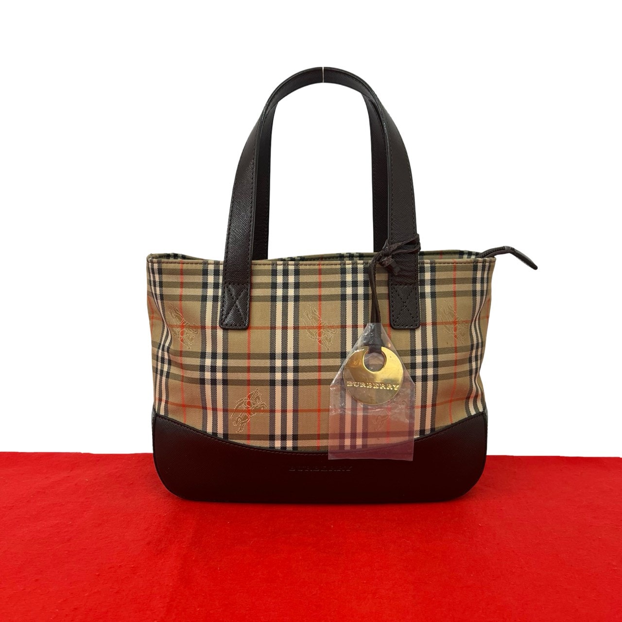BURBERRY バーバリー ノバチェック 柄 キャンバス レザー ハンドバッグ ブラウン
 96606