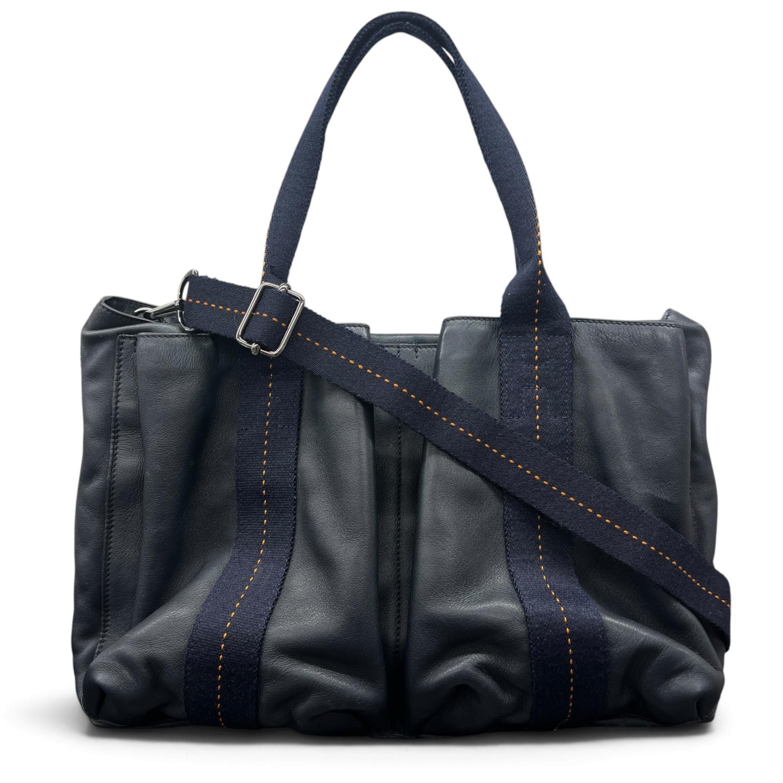 HERMES エルメス キャラバン ホリゾンタルMM 2way ハンドバッグ ショルダーバッグ カーフレザー コットン ヴォーデルマ ネイビー オレンジ Bランク 中古 鑑定済 エルメスバッグ