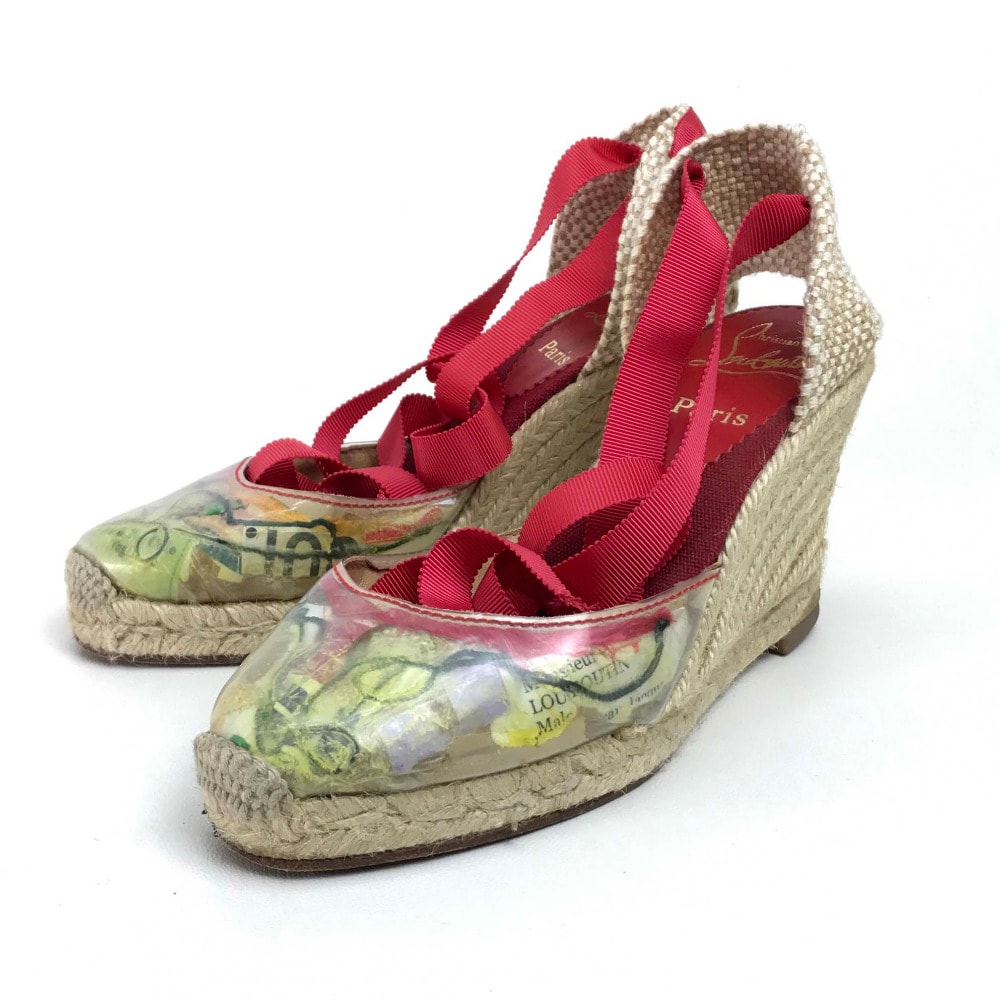 クリスチャンルブタン Christian Louboutin TRASH トラッシュ ラウンドトゥ ハイヒール リボン レースアップ ウェッジソール サンダル ビニール マルチカラー