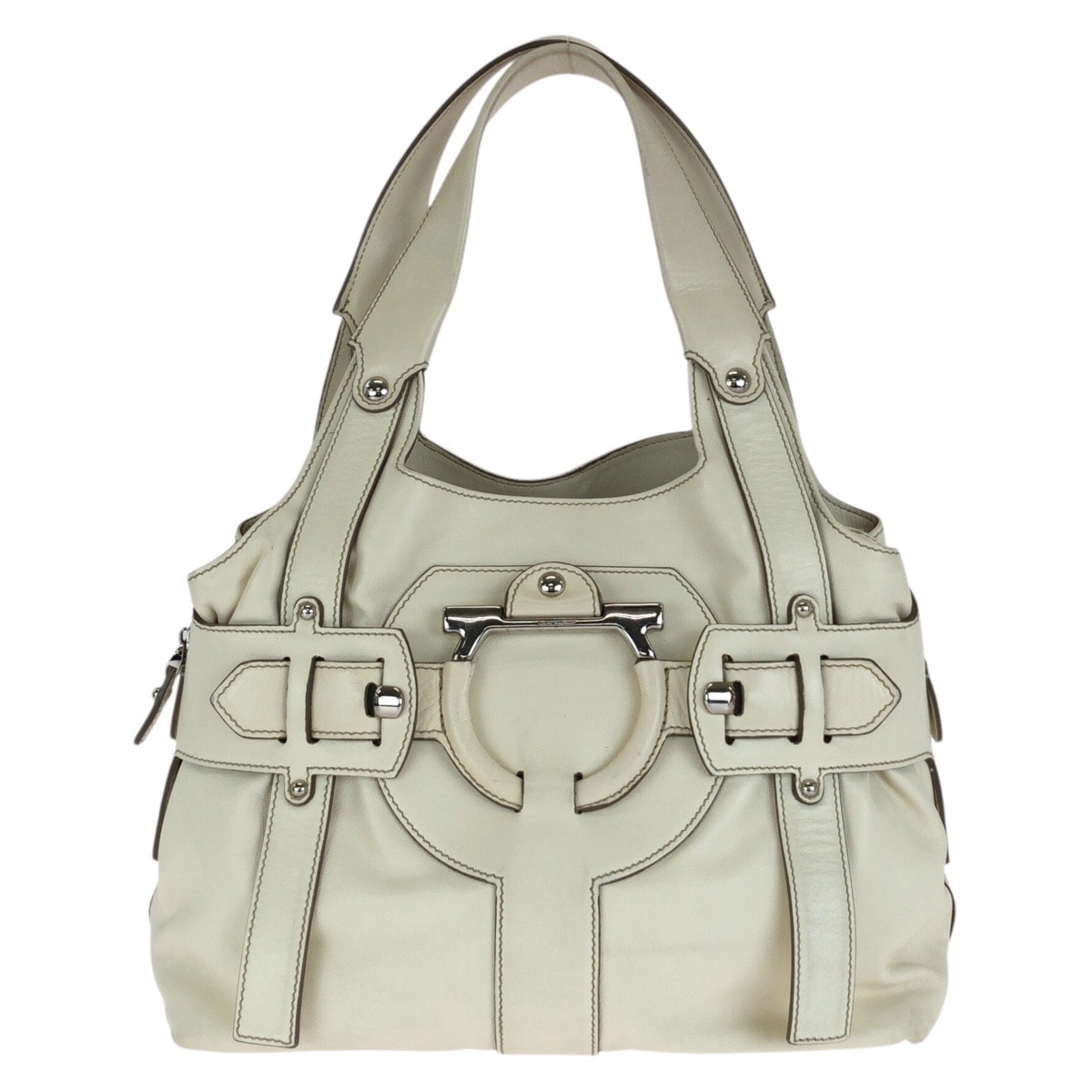 Salvatore Ferragamo サルヴァトーレフェラガモ ガンチーニ ホワイト オフホワイト シルバー金具 レザー ハンドバッグ 1-0290356 【中古】