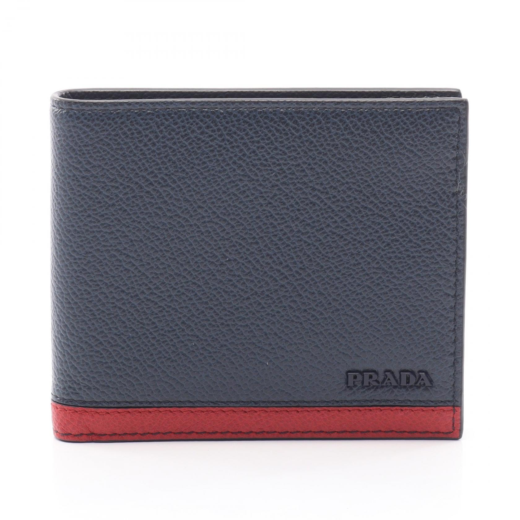プラダ PRADA VIT.MICRO GRAIN 二つ折り財布 財布 レザー メンズ ネイビー系 / レッド系 2M0513 【中古】