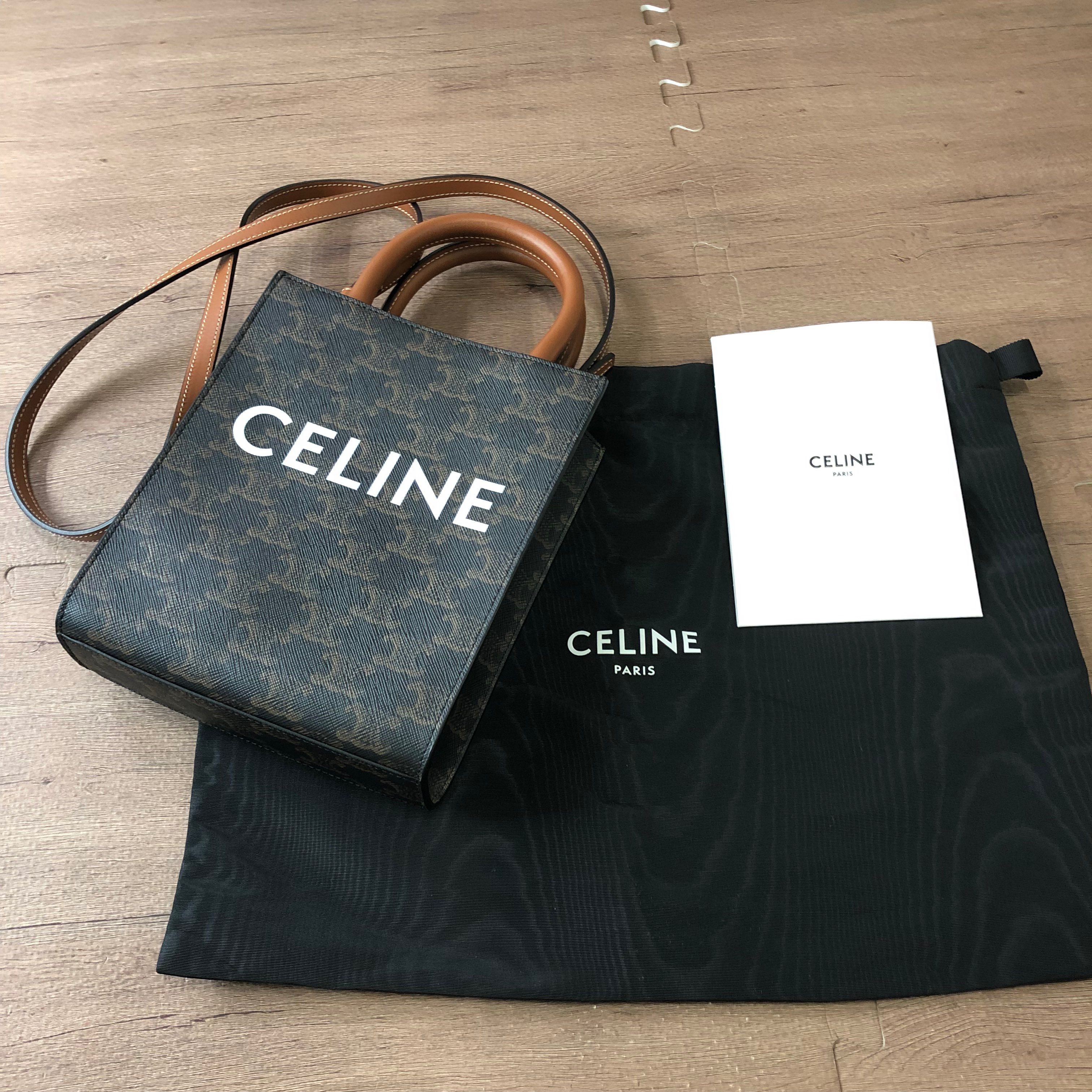 CELINE Mini Vertical Cabas In Triomphe Canvas and Calfskin With Celine Print "Tan"