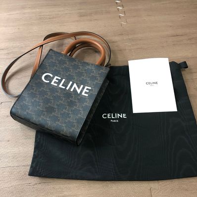 CELINE Mini Vertical Cabas In Triomphe Canvas and Calfskin With Celine Print "Tan"