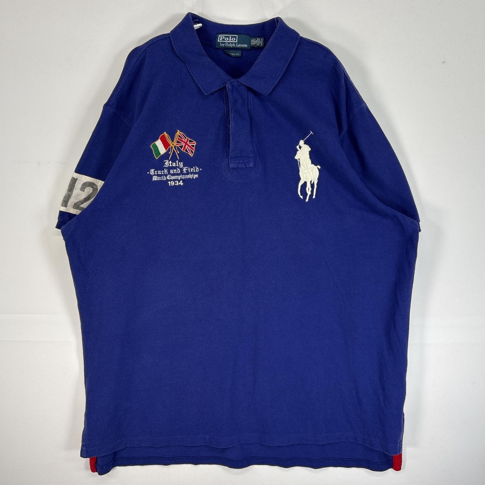 古着 90's/90年代 ポロバイラルフローレン Polo by Ralph Lauren 鹿の子 半袖 ラガーシャツ ビッグポニー ラバーボタン 大きいサイズ 14041  ブルー系 無地 メンズ