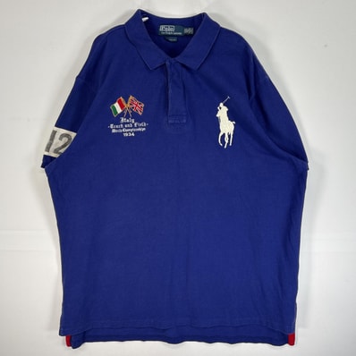 古着 90's/90年代 ポロバイラルフローレン Polo by Ralph Lauren 鹿の子 半袖 ラガーシャツ ビッグポニー ラバーボタン 大きいサイズ 14041 ブルー系 無地 メンズ