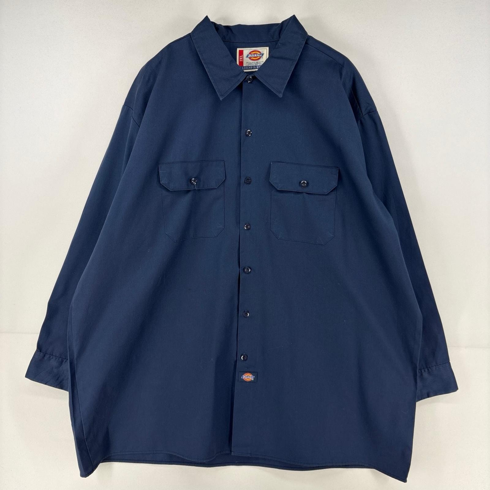 古着 ディッキーズ Dickies 長袖シャツ ワンポイント ワーク ロゴ 胸ポケット 大きいサイズ 作業着 3XL ネイビー メンズ
