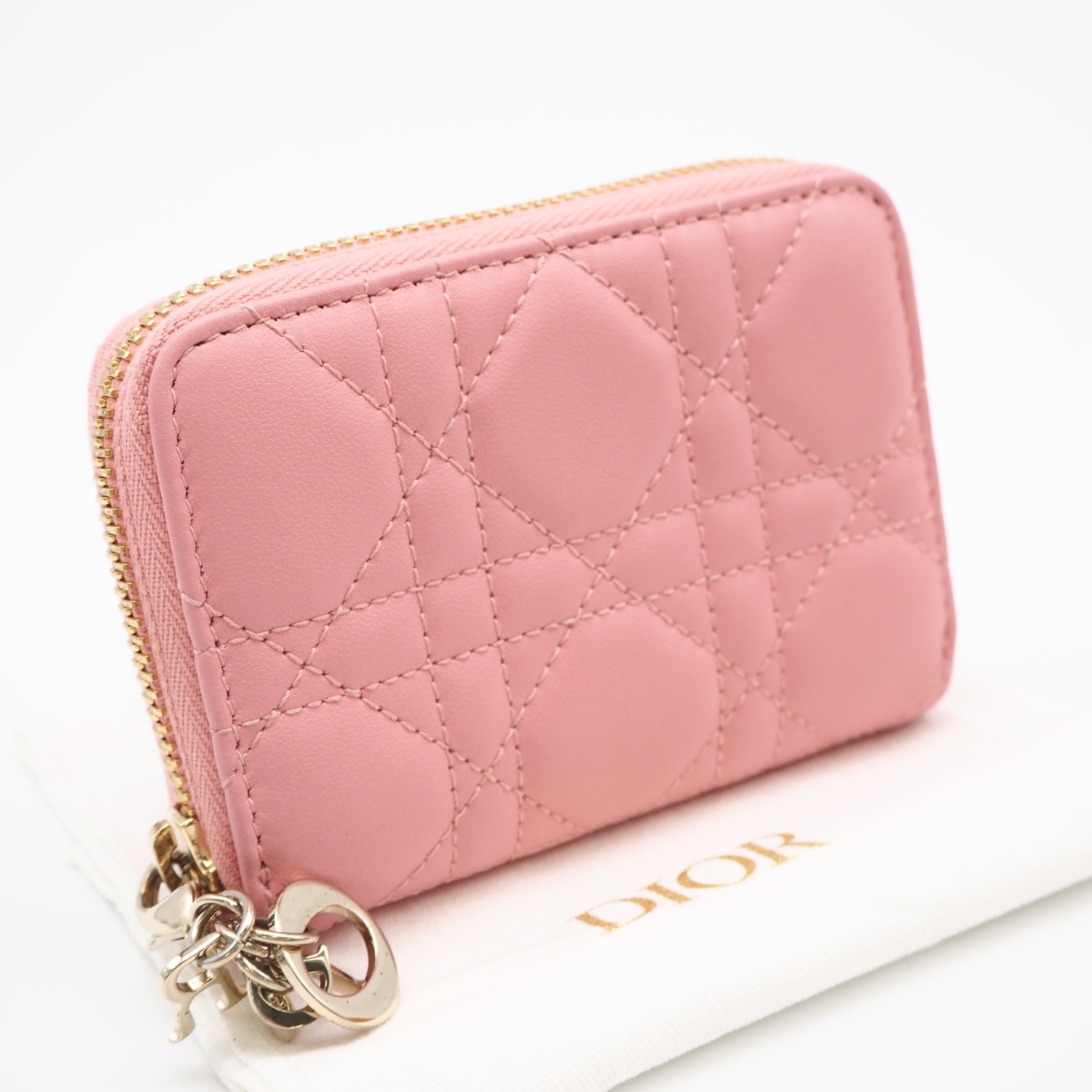 極美品 Christian Dior クリスチャンディオール カナージュ ラムスキン Lady Dior Scarlet ウォレット S6035ONMJ コインケース ピンク ラムスキン レディース