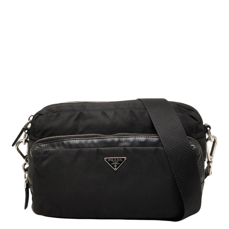 プラダ 三角ロゴプレート 斜め掛け ショルダーバッグ ボディバッグ ブラック ナイロン レザー レディース PRADA 【中古】