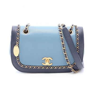シャネル CHANEL ターンロック ショルダーバッグ バッグ ラムスキン(羊革) キャビアスキン(グレインドカーフ) レディース ブルー系 【中古】